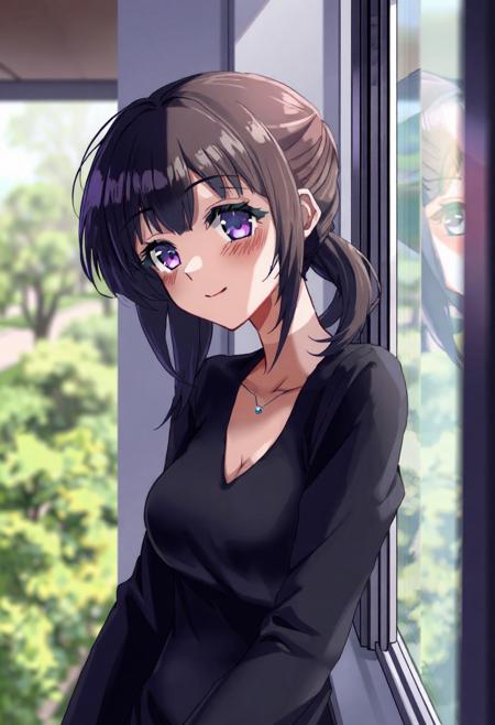 masterpiece, best quality, amazing quality, very aesthetic, absurdres, newest, scenery, anime coloring,
1girl, solo, mature female, black hair, short hair, single hair intake, bangs over eyes, long sidelocks, folded ponytail, thick eyebrows, purple eyes, detailed eyes, thick eyelashes, pink lips, hair behind ear, looking away, looking outside, looking out window, smile,   
small necklace, black dress, tight dress, long sleeves, collarbone, freckled chest, 
leaning against wall, window frame, window sill,
large window, trees, plants, (depth of field, blurred background),
sidelighting, rim lighting, model,modeling,