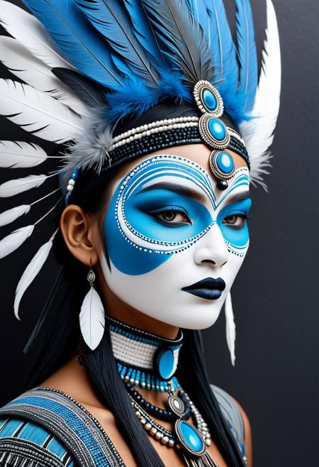 A canvas covered in bright blues, 3D art, minimalist, ink drawing, graphite texture, rough cotton paper, monochrome, tribal portrait, detailed beadwork, feathers, face paint, subtle elegance, organic lines, cultural elements, textured surface, understated beauty, refined, traditional adornment, artistic realism, timeless composition