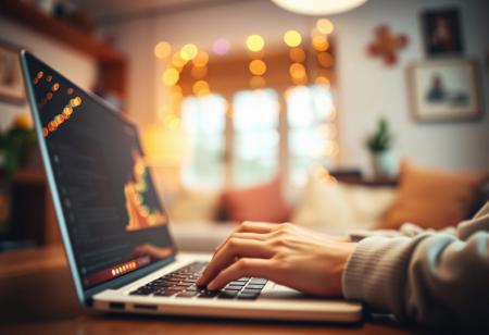 A close-up pleasantly blurred image using bright vivid colors showing someone using a laptop in a cozy room, aesthetically pleasing, blurred, focus on laptop screen