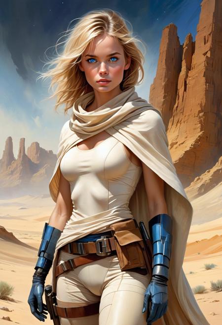 Fantasy art by Aleksi Briclot, beautiful female, wearing clothing inspired by Luke Skywalker, sexy, ink drawing, erotic drawing,  youthful, slender figure with a clean-cut, boyish appearance. she has sandy blond hair, often tousled and unkempt, reflecting her rough life on a desert planet. Her bright blue eyes exude a sense of curiosity and determination. Her face is marked by youthful features, including a smooth complexion and a somewhat angular jawline. Her attire is practical for a moisture farmer: she typically wears a loose-fitting, cream-colored tunic, beige pants, and rugged, knee-high boots suitable for the desert environment. A brown utility belt with various pouches and a blaster holster wraps around her waist, highlighting her readiness for adventure. Her look is completed with a tan poncho or cloak for protection against the desert's harsh climate. Despite her modest clothing, Luke's demeanor and physical presence hint at her latent heroism and the extraordinary destiny that awaits her. the scene should capture the essence of a sexy space opera with artistic detail, advntr, bad_prompt_version2, negative_hand, ac_neg1