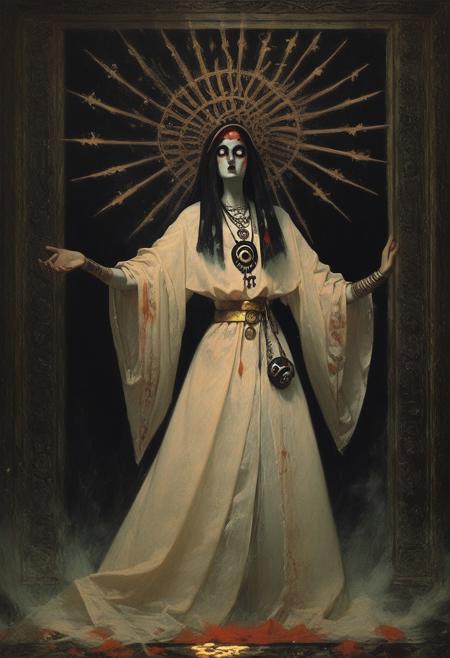 score_9, score_8_up, score_7_up, hindu goddess dancing in the swirling cosmos, wild dance kicking and flailing, aspect like a slender alien, radiating their awesome godlike might, strange woman, big eyes, dark blue skin, white eyes, golden jewelry,( a belt of skulls, a necklace of severed bloody heads:1.3), four arms, inhumanly thin, kaleidoscopic swirl of stars and nebulae in the background,
pop surrealism, pop art, painting, ph4nt0m01l