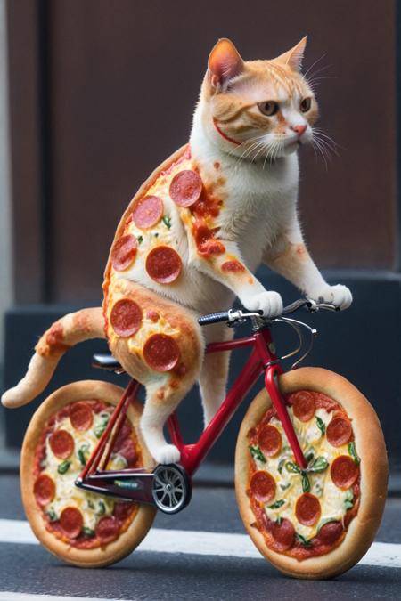 1 cat riding a bicycle <lora:Pizza_World_Morph_SDXL:1> pizzasdx