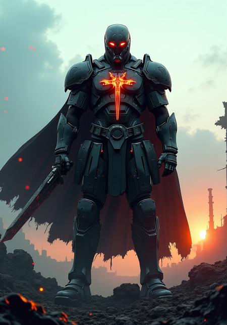Power Armor Super Warrior stands atop a shattered battlefield, cloaked in a tattered two-toned cape, (color palette: Silver accents 10%, burn Orange 30%, matte black steel 60%), whipping in the wind. Towering in heavy, brutalist power armor, covered in battle scars, welded plating, glowing vent cores, and glowing cyber etchings. Decorative: A massive emblem of a sword crossed with a scythe blazes across the chestplate — a symbol of industrial revolution and vengeance. Armed by heavy Mech sword.
Foreground: cracked stone slabs, bullet casings, coiled power cables and broken servo limbs.
Midground: central figure in a heroic stance, clenched gauntlets dripping with oil and ash, helmet visor glowing dim red, breathing unit hissing vapor. Massive pauldrons, spine-linked exosuit pistons, magnetic weapon holsters across the back.
Background: ruined brutalist citadel ruins under a fractured sky. Black smoke pillars and decaying monoliths loom in the distance.
Lighting: strong cinematic dim light from behind in deep orange, mixed with blue underglow from ruins, casting dramatic shadows. Particles float through rays of dying sunlight.
Camera: 50mm lens, low-angle hero shot with shallow depth, subject off-center for dynamic tension.
Color tone: blend of gritty desaturation, steel-gray + blood red, with cinematic teal-orange grade, subtle film grain, smoke layering for atmospheric depth.
Style: grimdark, 8K, ultra-detailed, digital painting, epic wallpaper concept art.
