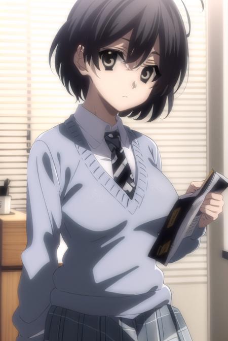 nikiookuma, <lora:niki ookuma-lora-nochekaiser:1>,
niki ookuma, short hair, black hair, ahoge, (black eyes:1.5),
BREAK skirt, school uniform, necktie, shoes, socks, sweater, plaid, plaid skirt, black socks, sneakers,
BREAK indoors, classroom,
BREAK looking at viewer, (cowboy shot:1.5),
BREAK <lyco:GoodHands-beta2:1>, (masterpiece:1.2), best quality, high resolution, unity 8k wallpaper, (illustration:0.8), (beautiful detailed eyes:1.6), extremely detailed face, perfect lighting, extremely detailed CG, (perfect hands, perfect anatomy),