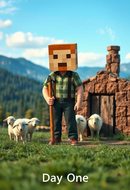 Hyper-realistic photograph. In the background we see a distant forested mountain range under a blue sky.
The main subject of the photograph is a man standing in the middle holding a wooden pick axe. This man has a square head and a square body, he is real but looks like a videogame character. He stands in front of a simple dirt house made of square dirt blocks with a wooden plank door and a smoking chimney.
On the side of the house a small group of fluffy white sheep graze in the grass, they too are square, a square head and square body.  
Text at the bottom of the image reads "Day One"