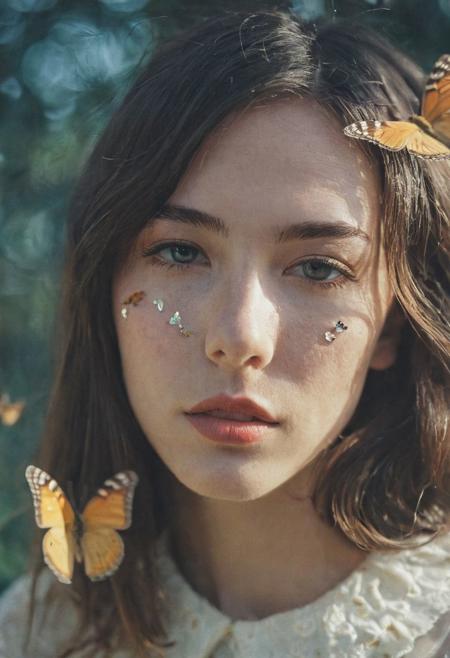 cinematic film still fashion photography portrait of 1girl, grainy, real butterflies on her face, Fine Art & Beauty Photography – Editorials & Covers, Creative Fashion | VOGUE, Harper's BAZAAR, ELLE | LA, NYC, Seattle PNW,light diffraction in frame, dreamy,hazy look.  Helios 44-2 lens mounted on a Praktica MTL 5B Helios 44M-4 lens, 58mm f/2,