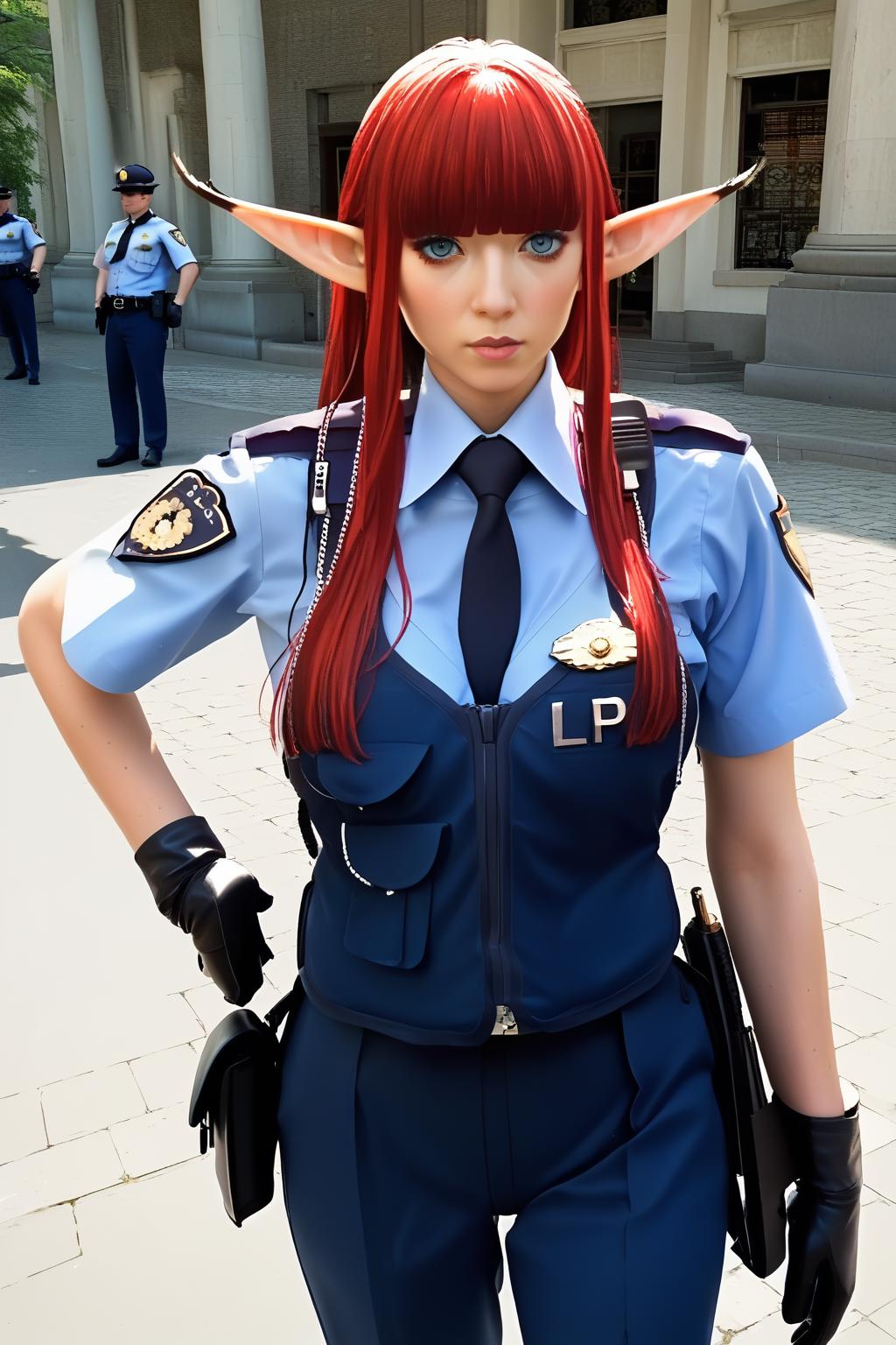 1girl, JapanesePolicewoman, police, police uniform<lora:ÐÐ´ÐµÐ¶Ð´Ð° ÑÐ¿Ð¾Ð½ÑÐºÐ°Ñ Ð¿Ð¾Ð»Ð¸ÑÐ¸Ñ(JapanesePolicewoman, police, police uniform):0.8>   <lora:HulkenbergMR-pdxl:1> hbrgMR,long hair,sidelocks,blunt bangs,pointy ears,medium breasts,elf,pointy ears, Score_9, Score_8_up, Score_7_up, Score_6_up, Score_5_up, Score_4_up, BREAK,1girl in full growth, best quality, masterpiece, ultra-detailed, high quality,good quality,1 girl,(master piece,high resolution, ultra detailed,8K,16K),look at viewer