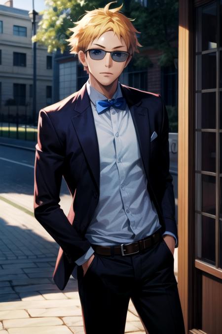 masterpiece, best quality, illustration, 1boy, solo, male focus, looking at viewer, , , , realistic, <lora:birthday_hamatora:0.74>, birthday_hamatora, blonde hair, blue eyes, , suit pants, , The Shattering Isles, 8k resolution