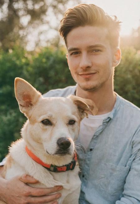 cinematic film still fashion photography portrait of 1man with cute dog as companion, headshot, sunlight , Fine Art & Beauty Photography – ,,light diffraction in frame, dreamy,hazy look.  Helios 44-2 lens mounted on a Praktica MTL 5B Helios 44M-4 lens, 58mm f/2,   in a garden. authentic happy smile, <lora:hand 4:0.3>