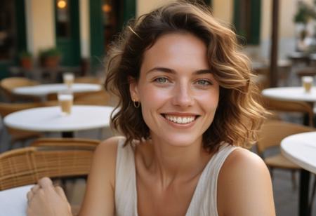 A photorealistic portrait of Olivia, age 35, with a slender face and warm olive-toned skin. She sits at a sun-drenched café table in a quiet Italian piazza during golden hour. The light falls warmly across her face, illuminating subtle skin texture and soft lines. She wears a sleeveless linen dress in a pale coral tone, with minimalist gold earrings. Her short wavy light brown hair is wind-kissed, her green eyes glowing in the fading light. Natural skin, slightly imperfect teeth, and a relaxed smile. Shot on Kodak film emulation, unedited natural look.