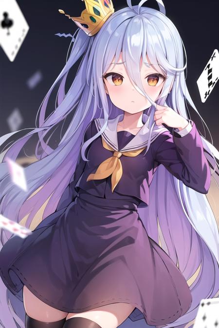 ((masterpiece, best quality:1.2)), (ultra-detailed:1.2), <lora:MaismansShiroLora:0.6>, Shiro, shiro_(no_game_no_life), No Game No Life, purple clothes, long hair, black thighhighs, long hair, 1girl,  blurry background, (crown), very_long_hair, blue background, (lying), white background, cards in background, playing cards,  extremely detailed, volumetric lighting, realistic, realistic lighting,