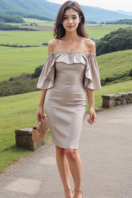 1 woman, detailed, realistic, standing, full body shot, scenic view, 
<lora:Off Shoulder Dress 2 By Stable Yogi:0.5> brown off shoulder dress