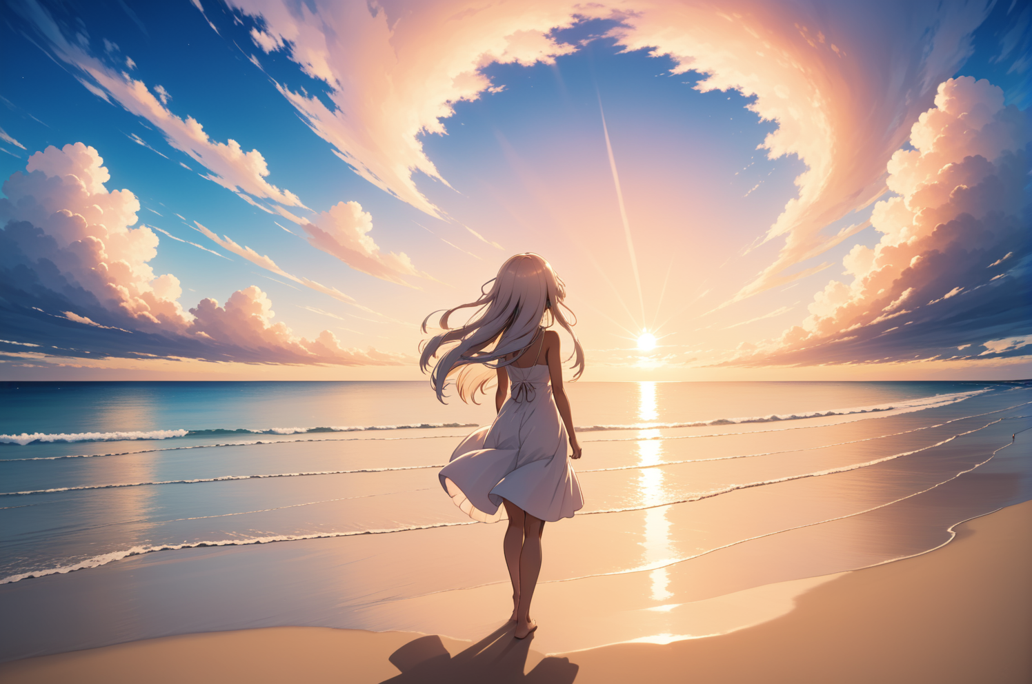 an anime woman watching the sunset along the beach, horizon, shell, clouds, long hair, white sundress, (fisheye lens:0.8),...