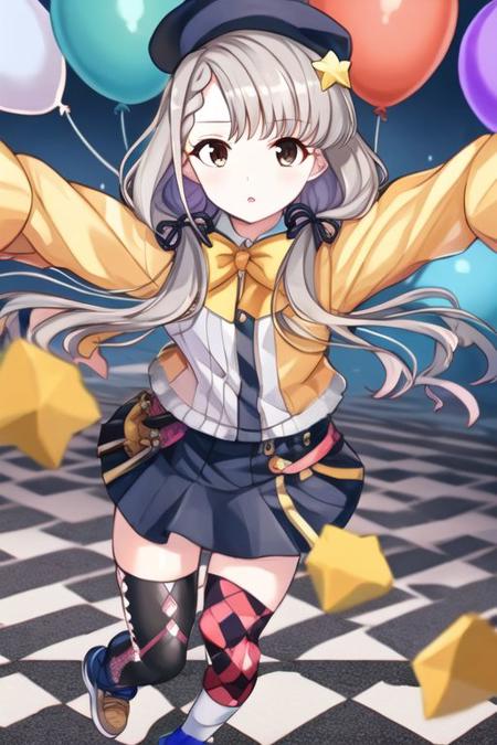 Hisakawa Nagi, 1girl, asymmetrical legwear, balloon, fingerless gloves, mismatched legwear, solo, gloves, thighhighs, long hair, twintails, argyle, bangs, bird, fur trim, braid, looking at viewer, uneven legwear, brown eyes, argyle legwear, white gloves, grey hair, multicolored clothes, hat, hair ornament, long sleeves, single thighhigh, arms up, skirt, low twintails, single sock, falling, bow, socks, pom pom, star, parted lips, checkered floor, tattoo, outstretched arms, yellow headwear
  <lora:hisakawa-v2.0-r1:1>