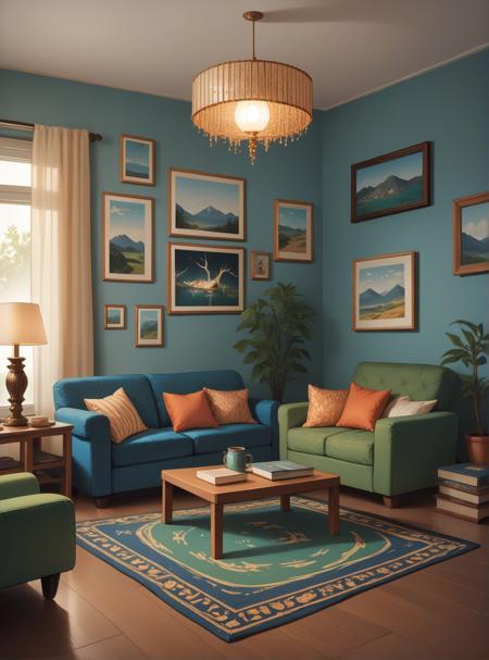 hud_lr_mdrn, no humans, couch, scenery, table, indoors, pillow, chair, book, lamp, cushion, living room, blue walls, green carpet, trippy paintings,