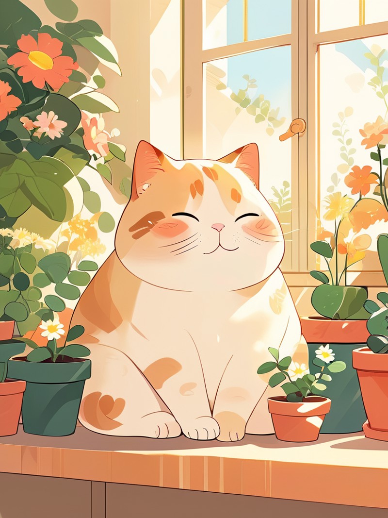 A cute illustration of a chubby, content cat lounging in a sunny spot on a windowsill, surrounded by pots of blooming plan...