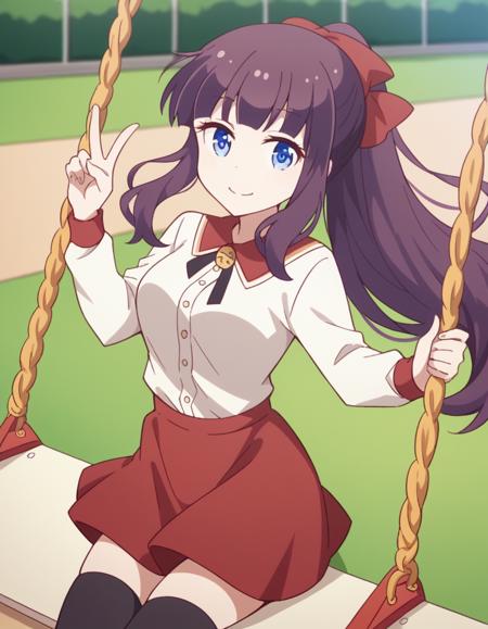 hifumi takemoto, long hair, bangs, blue eyes, bow, ponytail, purple hair, hair bow, medium breasts skirt, shirt, thighhighs, white shirt, black thighhighs, red skirt,