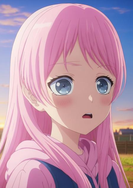 masterpiece, 1girl, bangs, blue eyes, blush, (cowboy shot:1.3), pink hair, aesthetic pink hair, light blue eyes, high detail, highly detailed eyes, beautiful eyes, looking at the camera, (adult:1.3), embarassed look, (cowboy shot, far shot, wide shot, :o, facing the viewer:1.4), open mouth, headband, pink hoodie, pink sweater, (sad, full body:1.3) <lora:AnonXL:0.7>, high quality, best quality, masterpiece, best rendering, animated by Kyoto  Animation, animated by ufotable, animated by A-1 Pictures