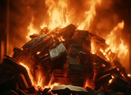 Hyperrealistic art cinematic film still photography in the style of detailed hyperrealism photoshoot,  haphazard pile of books, books piled high, (books piled everywhere:1.3), a modern book burning, embers, hot coals, burning, flames, intense heat, intense flames, inferno, flames everywhere, set outside in front of a school, nighttime, night shoot, bold lines, hyper detailed, shallow depth of field, highly detailed, high budget, bokeh, cinemascope, moody, epic, gorgeous, film grain, grainy, extremely high-resolution details, photographic, 8k, UHD, 35mm film, wide shot, zoomed out, realism pushed to extreme, fine texture, <lora:- SDXL - vanta-black_contrast_V3.0:1>, <lora:M05_Intensify:1> <lora:xl-shanbailing-1003fire:0.7> fire element, <lora:inferno:1> inferno, all over, big inferno, <lora:add-detail-xl:0.2>,
##STAND UP TO FASCISM## 