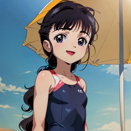 (RAW picture), 1girl, daidouji_tomoyo with black eyes, wearing (one-piece swimsuit), happy, at the beach, upper body, soft smile, summer
BREAK
very detailed, full of detail, blue sky, sun, cinematic lighting, sand, wind, sunset, orange lighting