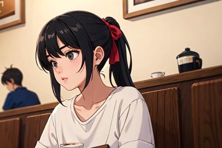 high quality, best quality, masterpiece, black hair, ponytail, hair accessories, casual clothing, at a cafe, wide angle shot