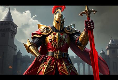 4K high-res digital illustration, powerful Noble Knight's Spearholder in grand red and gold armor with black/silver accents, plumed helmet. Ready stance, hand on hip, gripping red/gold/black sword.Castle of Dragon Souls background, dynamic shadow. Captivating lighting, golden ratio composition. Matte painting, splash ink illustration style. Trending on Artstation, CGSociety. Octane Render, Unreal Engine 5. Super detailed armor and sword.