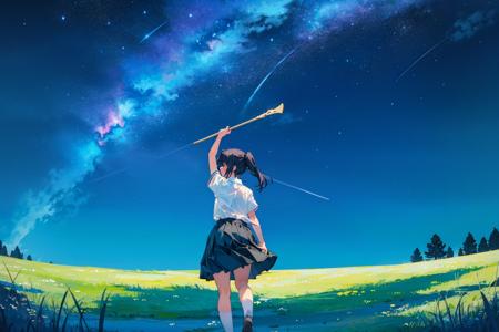 1girl, instrument, solo, sky, playing instrument, cloud, grass, night, outdoors, star (sky), holding instrument, music, starry sky, black hair, skirt, night sky, tree, holding, scenery, ponytail, standing, school uniform, short sleeves, wide shot, shirt, twintails, long hair<lora:airconditioner:1>