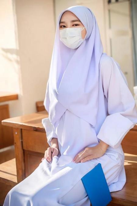 (masterpiece), (high quality, best quality, realistic, perfect face, expressive eyes), classroom, (face), looking at viewer, 1girl, mature female, (white hijab:1.1, white dress, blue skirt:1.1), face mask, happy, white mask