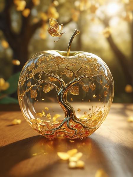 photograph, photorealistic, ultra-realistic, intricately detailed, wide angle, fine fractal glossy vivid colored shiny contours outlines of a glass apple with a ("a glowing golden flying female fairy uses her wand to transform a tree to solid gold") inside, surreal, gradient, windy, petals floating on the wind, swirling ribbons of ink and light. linquivera, liiv1,