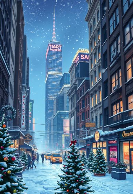 Christmas at night in another world, snowing, real high quality. A vibrant anime depiction of New York at night, with neon lights reflecting off skyscrapers and bustling streets, streets full of snow, snow falling from the sky, a mix of traditional and modern architecture, Christmas trees in the foreground.
