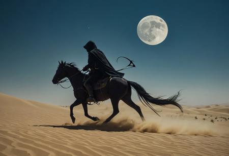 In a stark moonlit desert, a chilling spectacle unfolds: a spectral skeleton rider, formed from swirling tendrils of ethereal smoke, charges across the sands on a ghostly steed. Their forms—shadow and vapor—move as one, the stallion’s fiery blue eyes piercing the night. With every gallop, smoky hooves leave fleeting marks on the desert floor. The rider, cloaked in fluttering smoke rags, brandishes a scythe of the same spectral substance, slicing through the darkness. The moon looms high, casting pale light over endless dunes. The smoke-born duo seems sculpted by an unseen wind, locked in eerie, constant motion.
The scene begins with a dramatic wide shot, revealing their solitary advance from the horizon. As the camera tracks them, the scythe gleams, cutting through night. A profile view captures the rider leaning into the gallop, cloak billowing. A close-up highlights the horse’s burning gaze before pulling back to frame the enormous moon overhead. The camera soars, framing the pair against the vast desert, then descends for a low-angle finale—eyes aglow as they vanish into the distance.
The 30-second video exudes tension and isolation, enhanced by haunting winds, spectral hoofbeats, and the occasional clink of the scythe. Rich in detail—from the morphing smoke to the textured desert—it’s a cinematic glimpse into a mythical, otherworldly encounter. Shot in sharp focus, 8K HDR with a Canon EOS R5 and 75mm lens.
