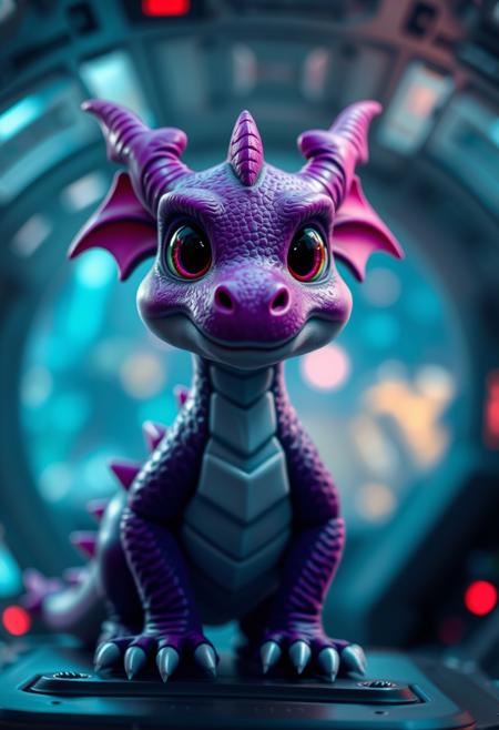 A small purple dragon with a pronounced underbite.
Spaceship interior in the background, colorful bokeh.