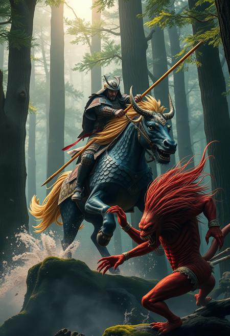 A Samurai in ornate, battle-worn armor rides atop a majestic Kirin through a misty Japanese forest. The Kirin’s scales resemble dark lacquer edged with shimmering gold, giving it a regal, polished appearance. Its large, elk-like antlers gleam in gold and silver, catching the dappled sunlight breaking through the dense canopy. The Kirin’s golden mane flows like liquid fire as it charges forward with an aura of divine power. The Samurai, gripping a long spear, delivers a decisive strike to a crimson-skinned Japanese demon with wild hair and sharp claws, mid-attack. The forest is alive with towering trees, moss-covered roots, and swirling mist, framing the dramatic and mystical battle.