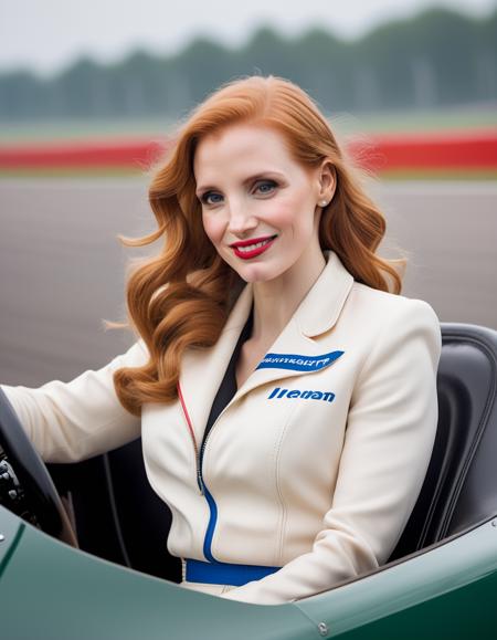 <lora:JessicaChastain:1> 1940 photo of  33 year old  JessicaChastain, in the netherlands, driving a F1 car over a circuit , soft lighting, tack sharp, 4k, dslr