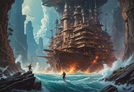 In the unpublished and breathtaking image (far beyond the unseeable) by john berkey, the essence of the Master's artistry shines through with remarkable clarity.  As your eyes wander across the canvas, you'll encounter a harmonious fusion of elements that defy convention and ignite the imagination. It is a visual symphony that stands as a testament to Berkey's boundless creativity. Vibrant and sublime colors dominate the image, bursting forth with a luminosity that captivates the viewer., d&d, fantasy, highly detailed, digital painting, artstation, sharp focus, fantasy art, character art, illustration, 8k, art by artgerm and greg rutkowski