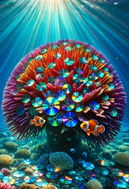An underwater coral reef filled with vibrant, multicolored corals, neon hues, surreal atmosphere, surrounded by clownfish made entirely of compact discs, their scales reflecting iridescent rainbow colors, intricate disc patterns, shimmering water, beams of sunlight piercing through, hyper detailed, artistic composition, photorealistic textures, colorful and expressive, made of cd's