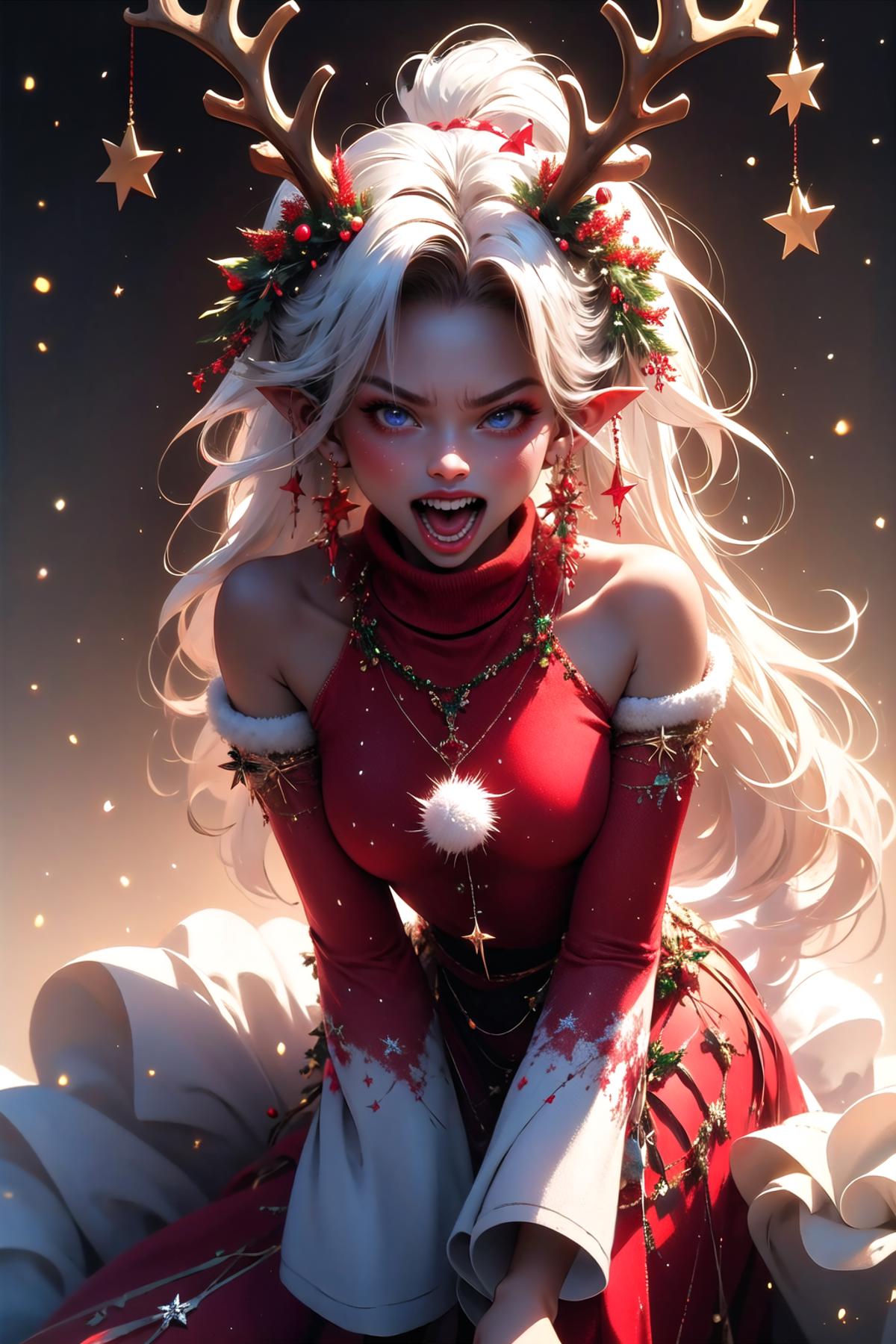 A beautifully rendered female elf with white hair and a red dress, wearing a necklace and earrings, and showing her teeth in a wide smile.