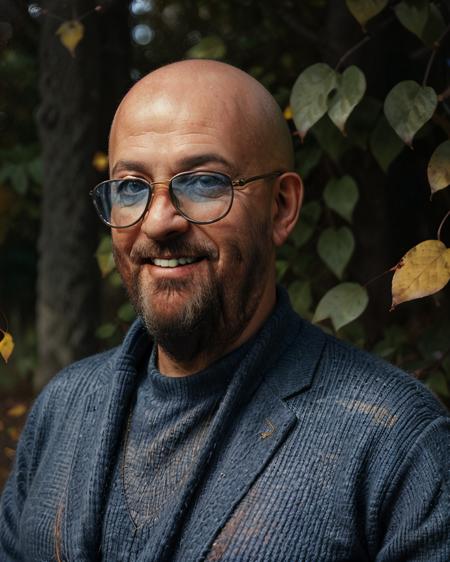 shufutinskiy man standing in dark blue knitted sweater, bald, smile, glasses, (fat:0.7), look in camera, september, (yellow leaves:1.00), autumn trees on background, medium shot, close up, kodak portra 400, film grain, muted colors, dramatic lighting, bokeh <lora:3rd_september:0.8> <lora:AdvancedEnhancer:1.0>