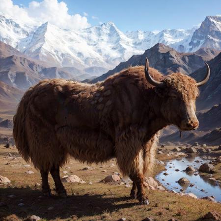 no_humans, brown yak,  horns, outdoors, solo, animal, rock, water, cloud, mountain, stand on the hill
best quality, 8k, masterpiece <lora:yak_v1:0.75>