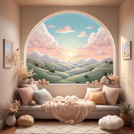 Cozy, intimate illustration of a snuggle sanctuary, where soft, pastel hills and cuddly clouds converge to create a soothing, nest-like environment. Whimsical, hand-drawn elements, like tiny flowers and leaves, add a touch of playfulness, while the plush, cloud-like textures invite the viewer to snuggle up and relax. Warm, golden lighting and subtle, shimmering accents create a sense of comfort and tranquility, as if the sanctuary is a haven for the heart