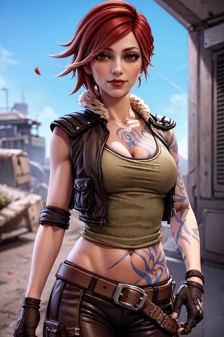 (masterpiece, best quality:1.2), <lora:lilith_(borderlands):.9>, lilith (borderlands),  1girl, breasts, cleavage, solo, cropped jacket, gloves, tattoo, navel, breast tattoo, fingerless gloves, red hair, pants, yellow eyes, makeup, jacket, lipstick, large breasts, mole, midriff, belt, short hair, red lips, mole under mouth, stomach tattoo, fur trim, collarbone, lips, open jacket, parted lips, arm tattoo, mole above mouth, brown jacket, crop top, black gloves, open clothes, nose, brown pants, stomach, fur-trimmed jacket, buckle, cropped vest, belt buckle, bangs, mascara, hand up, chest tattoo, eyeliner, petals, flower, bird, smile, architecture, outdoors