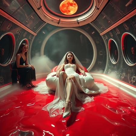 high-society elegant slender norvegian  rich   innocent young bride wearing   glossy silver high heels and glossy transparent slime  high slit wedding gown with matching long veil,  laying in   whorish lush  glossy red foil breeding  bed in center of alien breeding space capsule, legs spreade wide apart by  by arrogant ladies wearing glamour glossy black evening gowns and glossy high heels, sitting  and holding her legs and arms, eerie fog that wafts up from the fleshy jelly floor, encased in light beam from the chamber celling, awaiting her alien master, strugging to break free and escape, transparent crystal walls,  colossus observation portholes to outer space full of stars, bright red moon, vintage-inspired makeup, long hairs, ultra thin waist, evil grin, porcelain skin, lipstick, red nails, in the style of a haunting, retro-futuristic 1950s sci-fi nightmare, horror, alien space base,