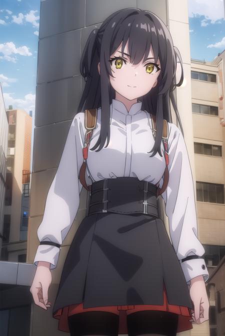 rakko yumiya, long hair, black hair, two side up, (yellow eyes:1.2), sidelocks, skirt, shirt, long sleeves, white shirt, pantyhose, boots, black skirt, black pantyhose, knee boots, red footwear, (underbust:1.5),