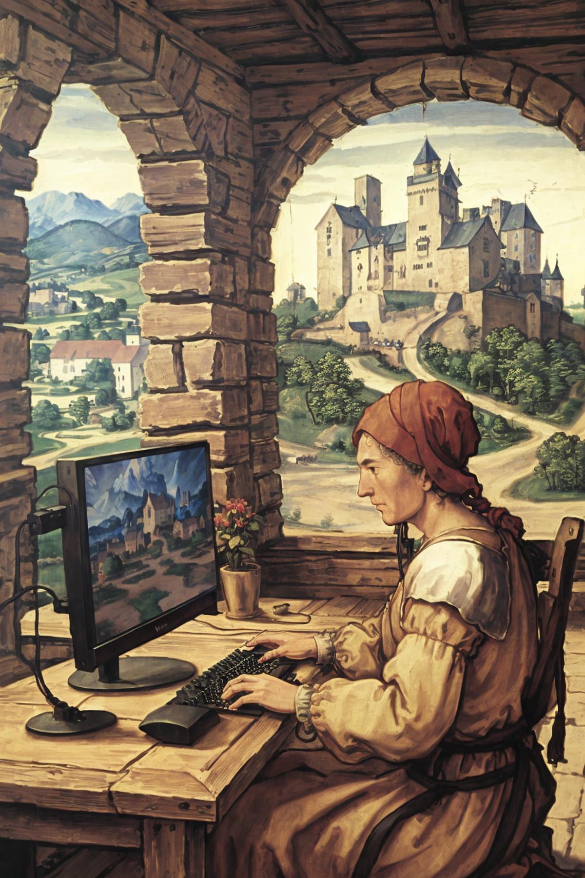 A woman in a red headband typing on a computer in a tower setting.