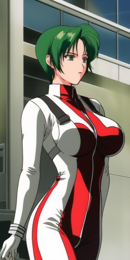 masterpiece, best_quality, highres, <lora:MiliaFallyna:0.7>, MiliaFallyna, solo, large_breasts, green_hair, short_hair, MiliaVFPilotSuit