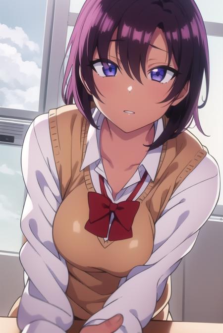 saehinata, <lyco:saehinata-lyco-nochekaiser:1>, 
sae hinata, blue eyes, purple hair, dark skin, dark-skinned female, short hair,
BREAK shirt, bow, school uniform, white shirt, collared shirt, bowtie, red bow, sweater vest, brown sweater,
BREAK looking at viewer,
BREAK indoors, classroom,
BREAK <lora:GoodHands-vanilla:1>, (masterpiece:1.2), best quality, high resolution, unity 8k wallpaper, (illustration:0.8), (beautiful detailed eyes:1.6), extremely detailed face, perfect lighting, extremely detailed CG, (perfect hands, perfect anatomy),