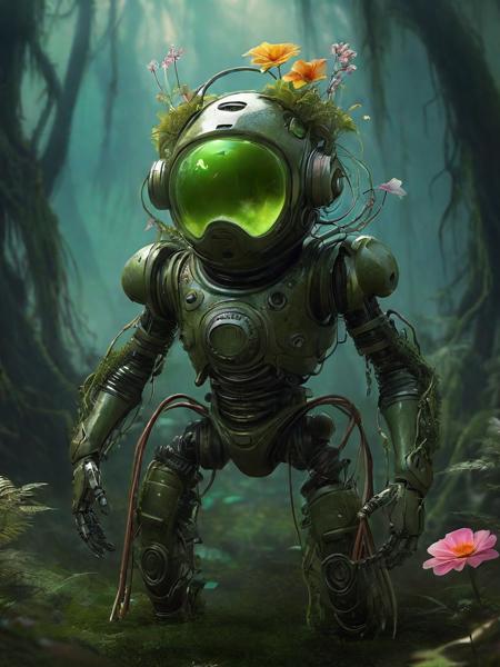 illustration-style picture of a biomechanical entity. The entity is a fusion of technology and nature, with a helmet that resembles a diving suit, its surface covered in verdant moss, holding a flower, giving flower to the viewer, twisting vines, and bright, exotic flowers. Its arms are heavy and robotic, adorned with peaceful symbols and patterns. The backdrop is an enchanted swamp, filled with a mystical fog, gnarly trees, and a spectrum of swamp flora. Fireflies dot the air with their luminescent glow. The illustration should have a whimsical and fantastical feel, with vibrant colors and a hand-drawn quality that emphasizes the enchanting aspects of the scene and the organic-meets-mechanical theme.