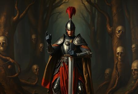 A dramatic Baroque oil painting, in the style of Raphael, portraying a classical dark fantasy grimdark knight in ornate armor, with a prominent plume, holding a sword, centered in a deep, atmospheric dark forest painted with rich textures, heavy shadows, and hints of ancient forms. The knight is in a poised, monumental stance, interpreting Dynamic Action Pose as dramatic posture, captured in a Well-timed Moment. The mood is solemn, powerful, and intensely anticipatory, conveying Vivid Emotions and a Joyful Impact (interpreted as dramatic impact of the painting). High-res, 4K, Exceptional Quality, More Detail, Lifelike Details (painted realism), Super Detailed Face and Eyes and Clothes (rendered with painterly detail), Handcrafted with Precision, High Quality, Sharp Lines and Brush Strokes (visible brushwork), Stunning Colors (deep, rich pigments, chiaroscuro), Harmonious Colors, Multi Colored, Contemporary Aesthetics, Beautiful Matte Painting (as a classical technique), Impeccable Composition (Golden Ratio), Creative Angle, Attractive Background (textured painting), Balanced Editing, Intentional Focus, Isometric, Captivating Lighting (strong chiaroscuro), Grammer Effect Style, Splash Ink Illustration, Octane Render, Unreal Engine 5, Raphael Style (emphasized), Houdini Style, Powerful Message, Beautiful Detailed Eyes (expressive), CGSociety, Artstation Trending on ArtstationHQ, Golden Ratio.