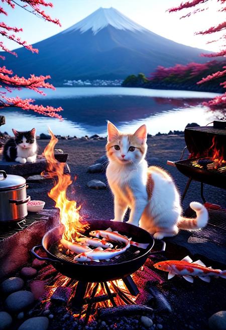 coralbugXL, kitten in beautiful campsite near mount fuji with beautiful lake, sitting next to campfire grilling fish, Food photography, Appetizing, professional, culinary, high-resolution, commercial, 
concept-art, digital, dreaminess, fantasy, other-worldliness, alien worlds, 
intricate details, highly detailed, ultra-detailed, absurdres, unreal engine, octane rendering, high contrast, vivid, vibrant, volumetric lighting, sharp focus, 
aid291, midjourneyv6.1,