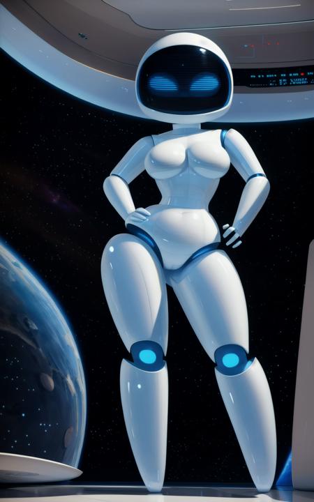 8k,4k,((Best quality, masterpiece, ultra high resolution)),((full body, by pixelsketcher)),  <lora:EVE:1>,EVE,robot,[[ breast]],humanoid robot, blue eyes, no mouth, white skin, ,screen face,featureless feet, inside, space,hands on hip,((detach head)),pinup